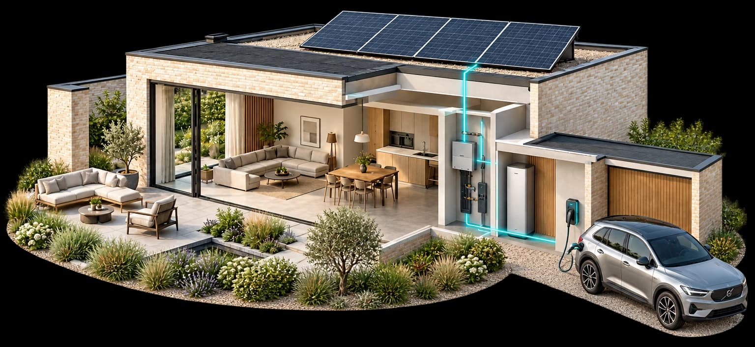 Een woning met zonnepanelen, meterkast, laadpunt naast de oprit en een laadkabel naar de elektrische auto.